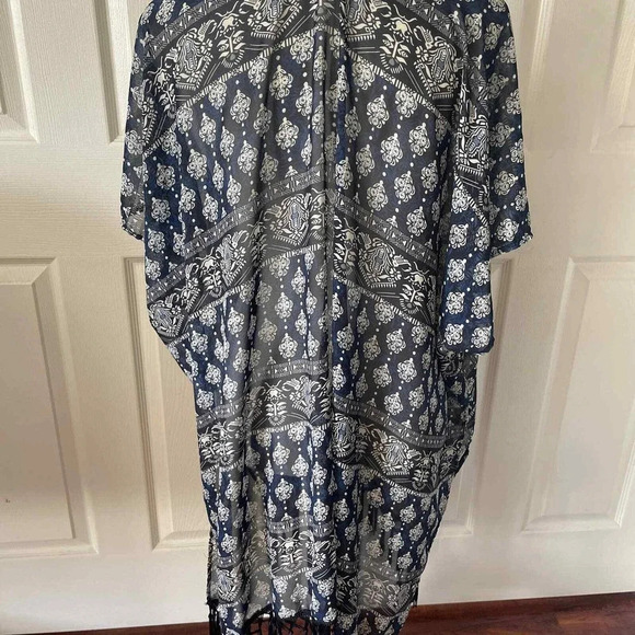 Womens Kimono Cover Up OSFM Tassels Blue Boho Hippie Longline Lagenlook Open - Picture 5 of 8